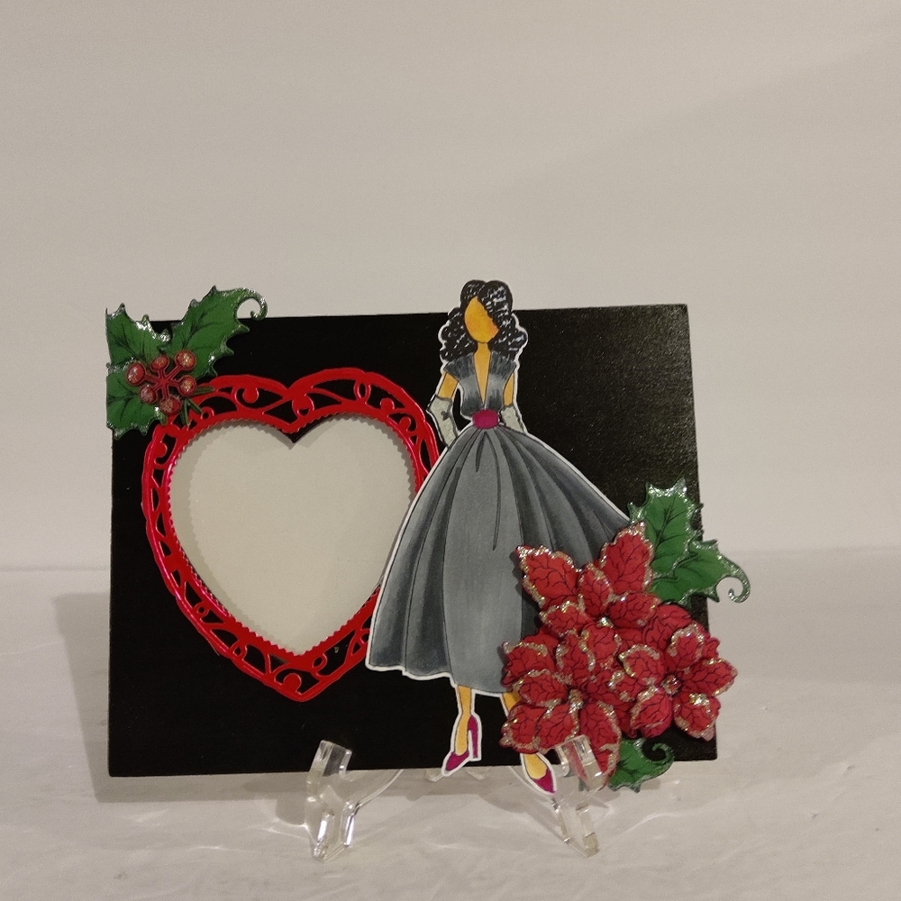 Young Lady in Holiday Black Frame/Heart. Handcrafted. 8x6.